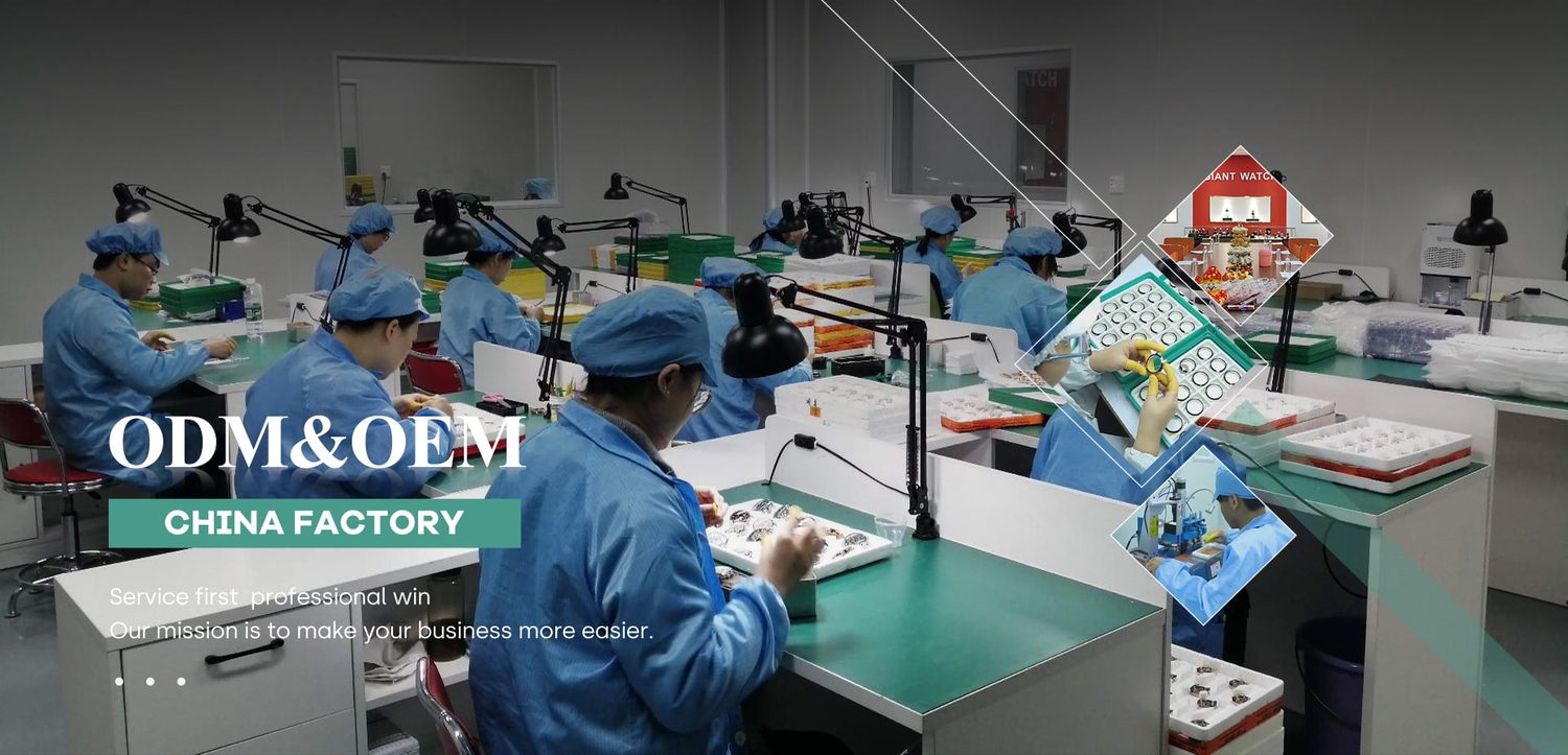 A row of assembly benches in the workshop, staff seated at individual lit stations. Giant overlays the words ODM and OEM China Factory on this photograph.