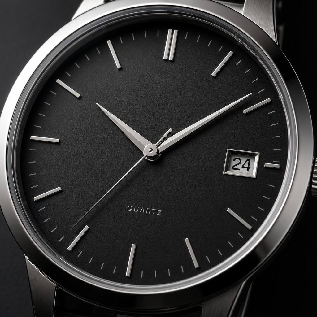 A quartz dial photographed close, showing applied markers and the date window.