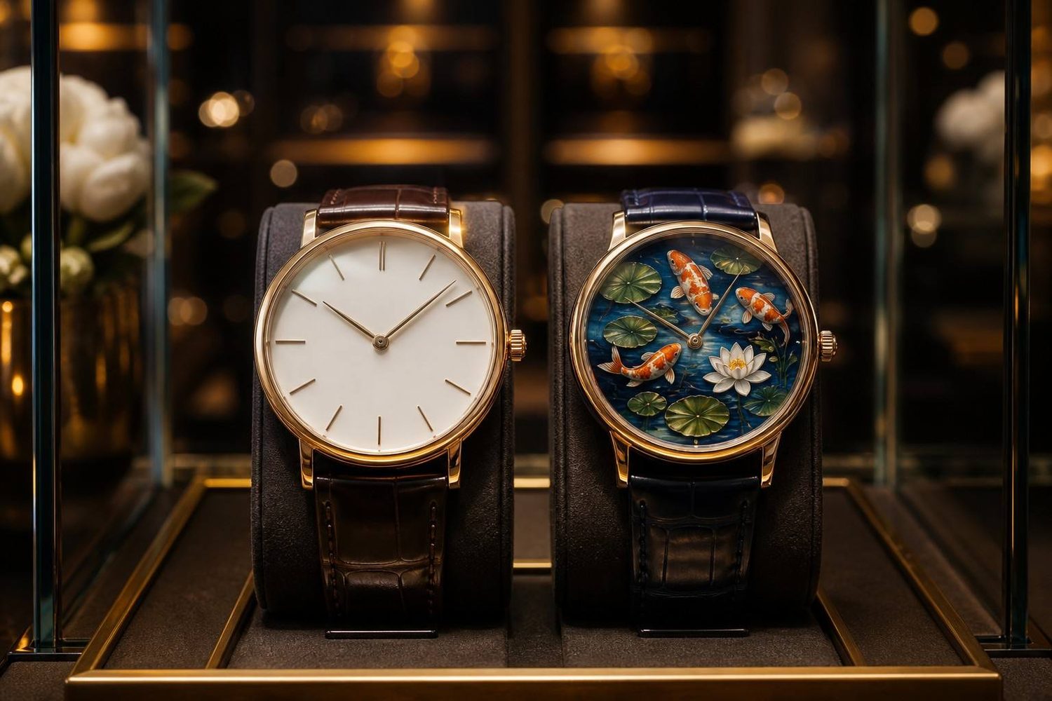 Two finished watches in a lit display case.