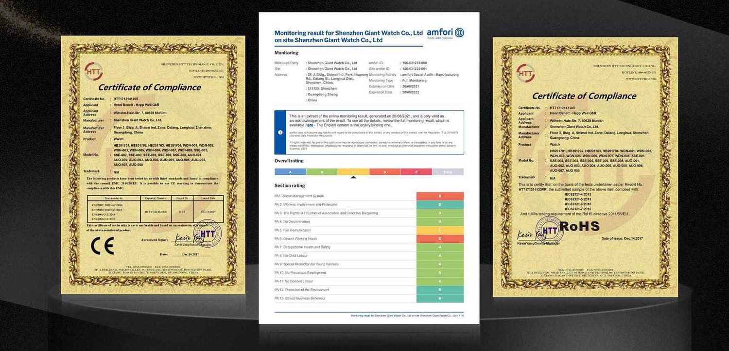 The CE and RoHS Certificates of Compliance as published on the site.