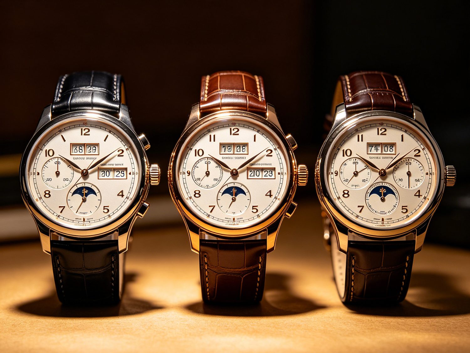 Three moonphase models on leather straps, photographed together by Giant.
