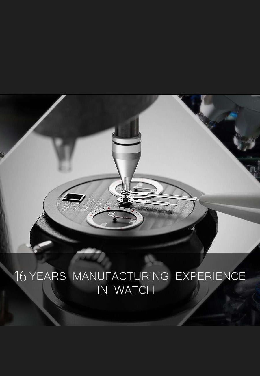 A movement being fitted, photographed in black and white. Giant overlays a manufacturing experience line on this image.